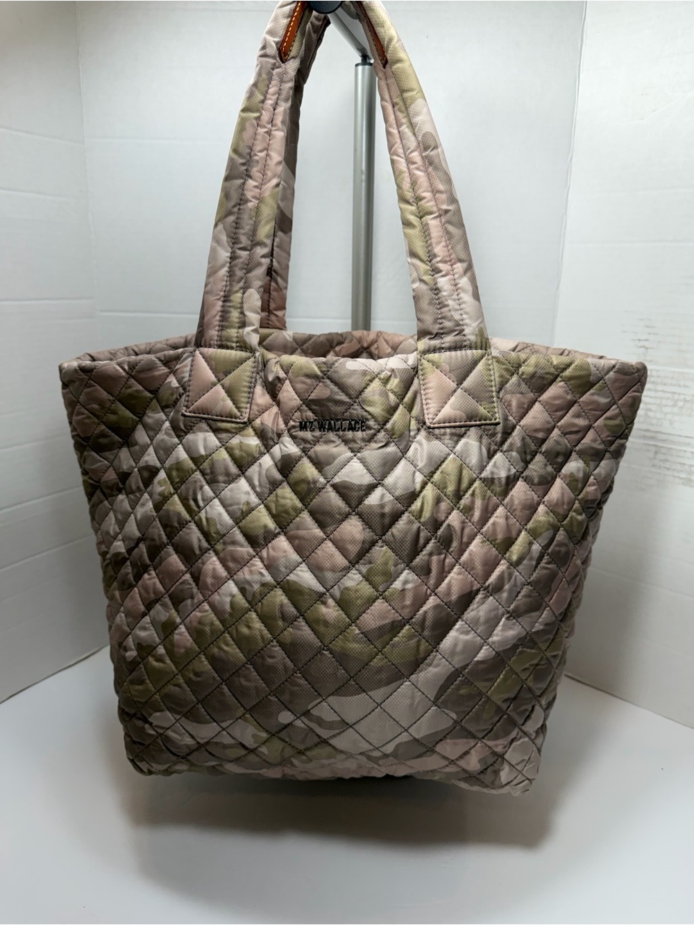MZ Wallace Quilted Tote in Blush Pink and Olive Camo